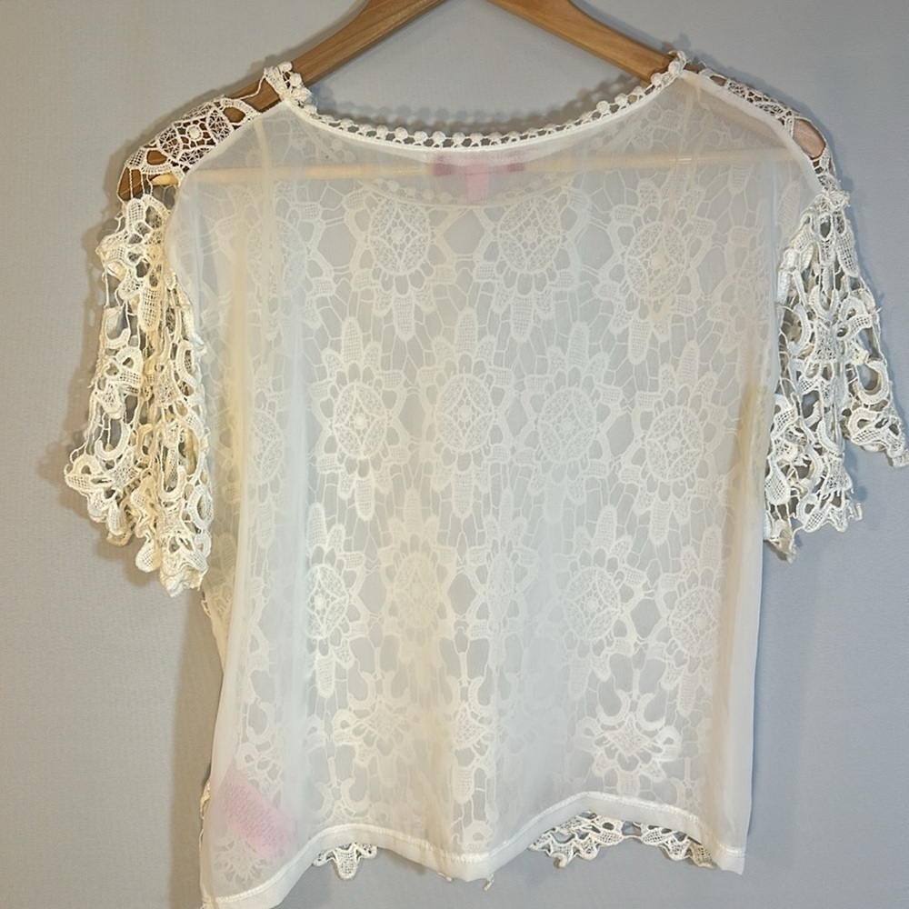 Derek Heart Women Blouse Front Lace Short Sleeves Side Slits Cream Ivory Size XL - Picture 2 of 11